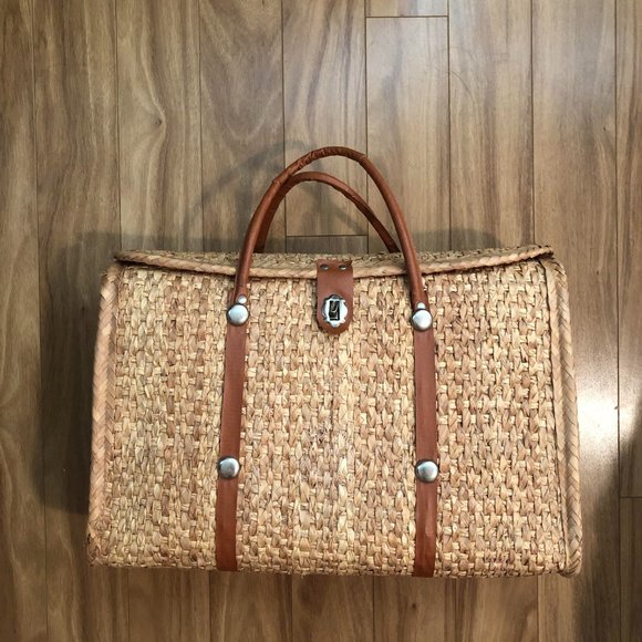 Handbags - Vintage 60s 70s Woven Grass Wicker Rattan Style Large Travel Bag Tote Market
